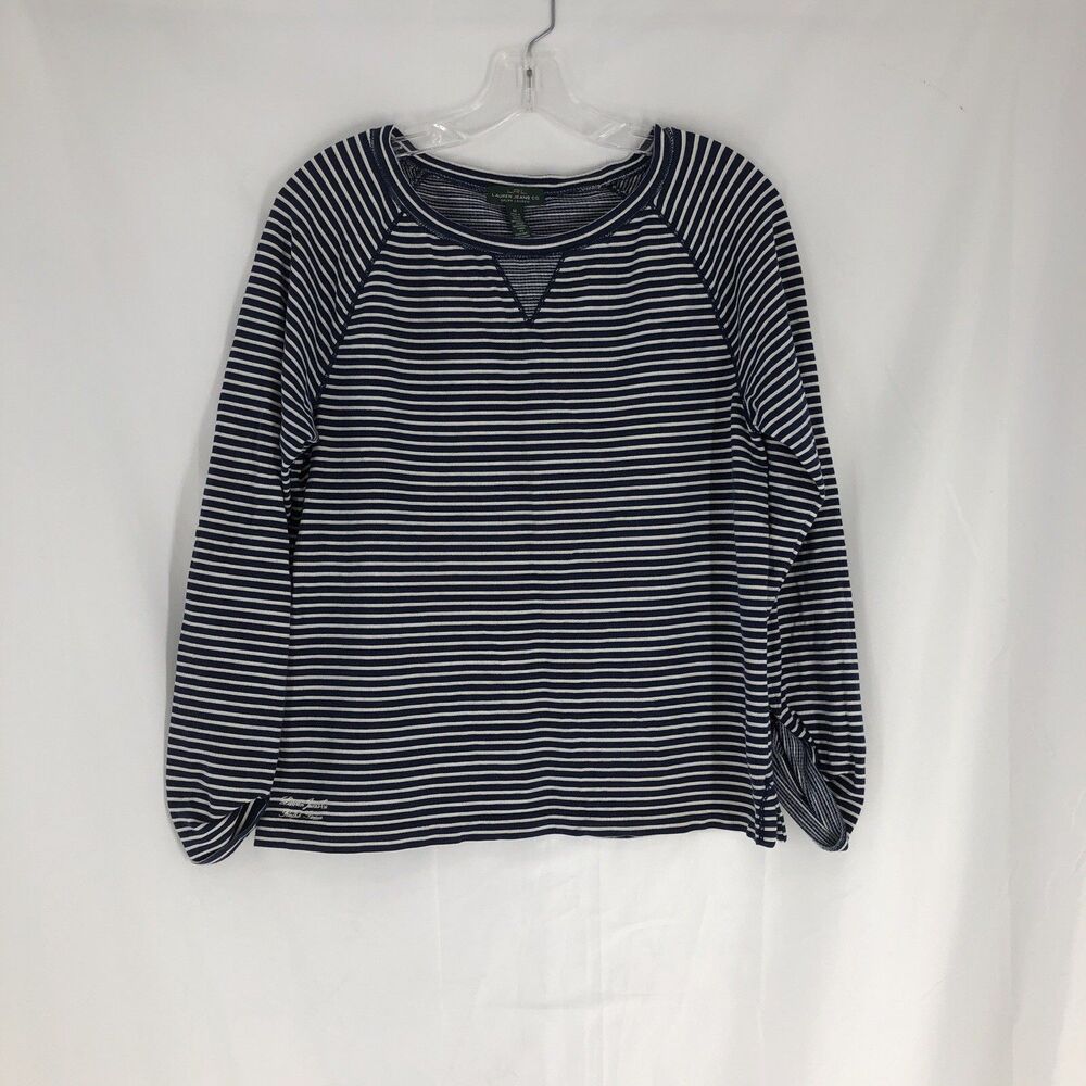 Lauren Jeans Company Ralph Lauren Women's Navy Striped Long Sleeve Shirt Medium